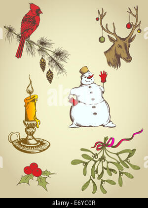 set of vintage hand drawn Christmas elements Stock Photo