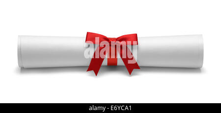 Diploma with Red Tied Bow Ribbon Front View Isolated on White Background. Stock Photo