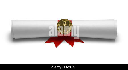 Diploma with Red Ribbon and Torch Seal Front View Isolated on White Background. Stock Photo