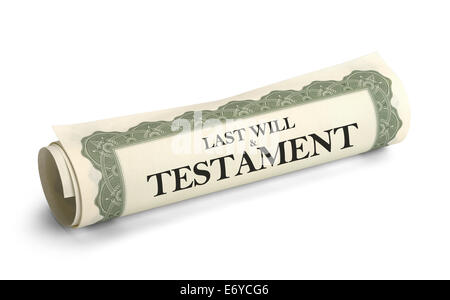 Rolled up Scroll of Will and Testament Papers Isolated on White Background. Stock Photo