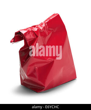 Wrinkled Red Paper Bag Lunch with Copy Space Isolated on White Background. Stock Photo