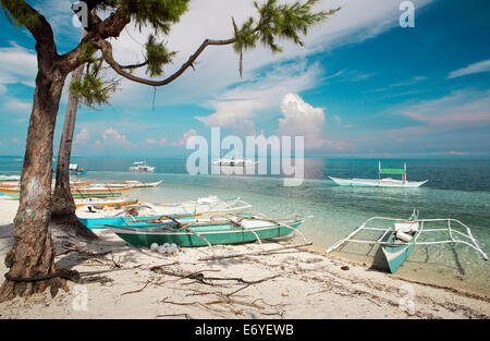 Outrigger fishing boats on white sand tropical beach at Malapascua Island, Philippines Stock Photo