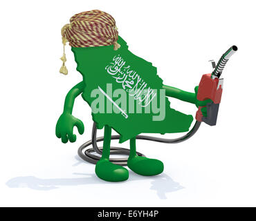 saudi arabia map with arms, legs and fuel pump in hand, 3d illustration Stock Photo