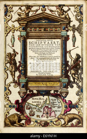 Frontispiece 'Travel account of the voyage of the sailor Jan Huyghen van Linschoten to the Portuguese East India'. See info. Stock Photo