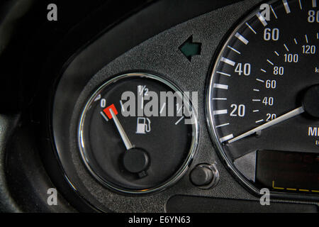 Car fuel gauge showing empty Stock Photo