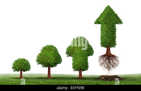 Investment maturity success as a business concept for growing wealth ingraphic as a small tree gradually turning into a mature flying arrow plant as a financial metaphor for a successful investing strategy on white. Stock Photo