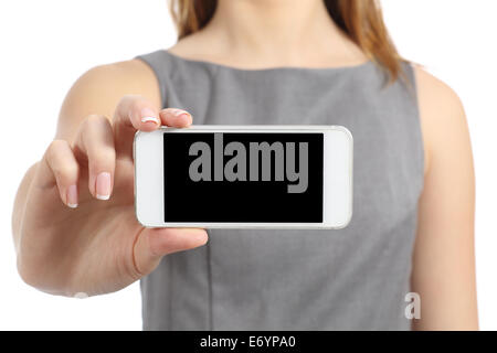 Business woman hand displaying a blank smart phone screen isolated on a white background Stock Photo