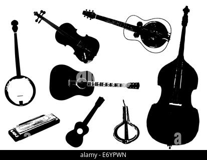 A collection of typical bluegrass musical instruments in silhouette over a white background Stock Photo