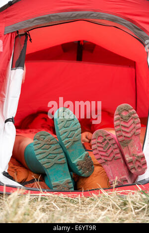 Young friends on camping trip Stock Photo