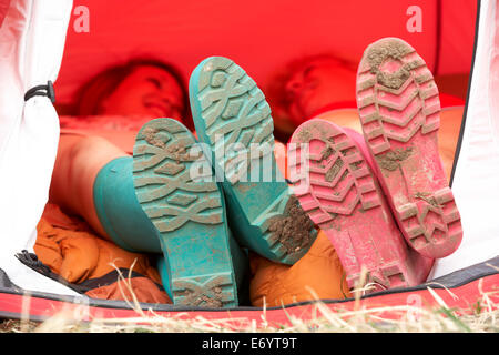 Young friends on camping trip Stock Photo