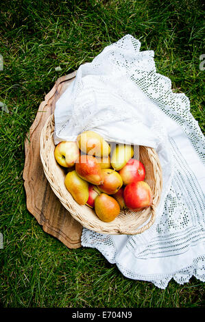 Still life with basket of apples and pears on grass Stock Photo