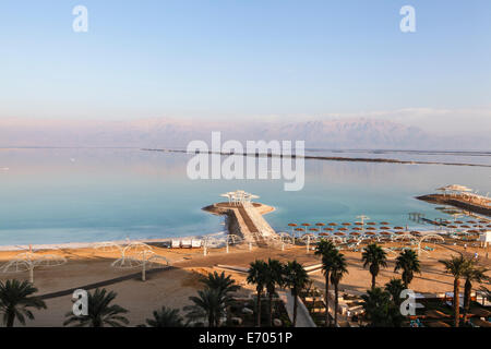Tourist beach on the shore of the Dead Sea, Israel Stock Photo