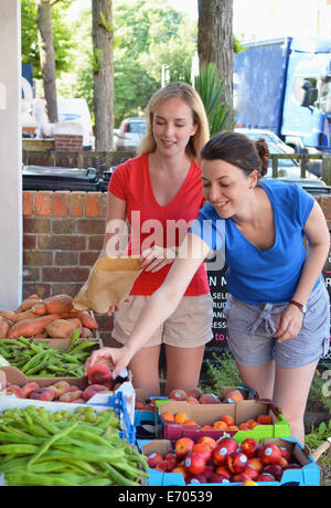 Two young women choosing fruit at market stall Stock Photo
