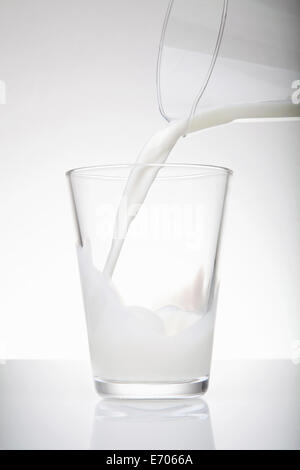 Fresh milk pouring from jug into drinking glass Stock Photo