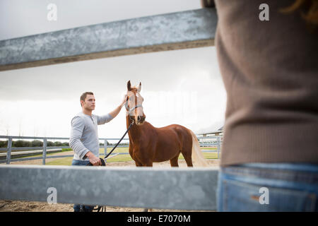 Young woman watching stablehand with horse in paddock ring Stock Photo