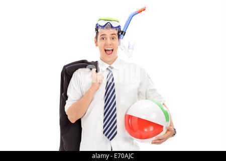 Businessman with diving mask and a beach ball isolated on white background Stock Photo