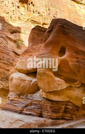 Petra is Jordan's most visited tourist attraction. al-Siq is the main entrance to the ancient city. This stone formation is called the Elephant. Stock Photo