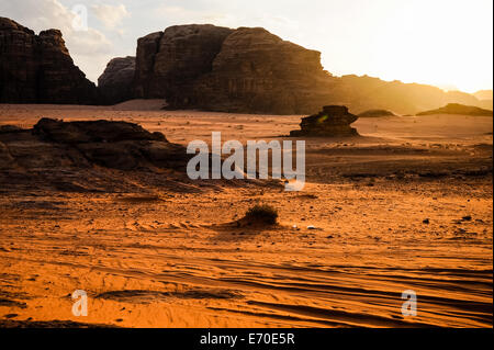 Jordan. Wadi Rum is also known as The Valley of the Moon. Sunsets are spectacular in the desert. Stock Photo