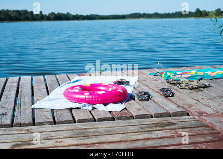 Family enjoying a swim, Gieret Lake, Giby, Poland Stock Photo