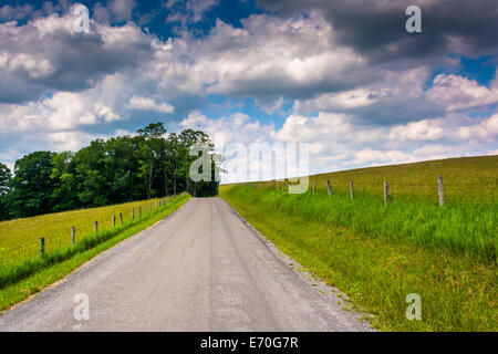 Farm fields along a road in the rural Potomac Highlands of West Virginia. Stock Photo