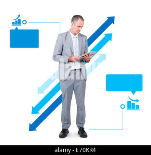 Business Man Working Holding Digital Tablet with Decrease and Increase Concept Stock Photo