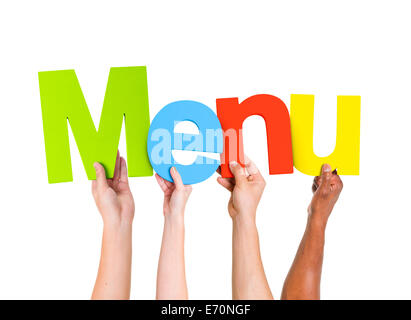 Multi Ethnic People Holding The Word Menu Stock Photo