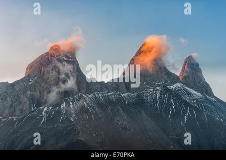 Aiguilles d'Arves mountain at dawn, Pelvoux, Dauphiné Alps, Savoie, France Stock Photo