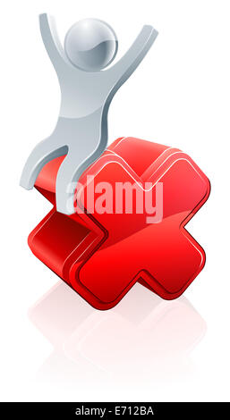 A conceptual illustration of a person sitting on a red cross icon Stock Photo