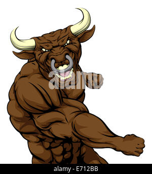 A tough muscular bull mascot character in a fight punching Stock Photo