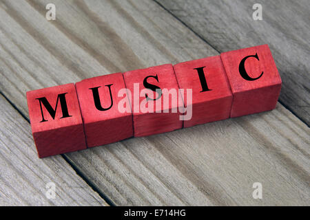 word music on red wooden cubes Stock Photo