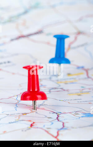Red and blue pushpin showing and pointing the location of destination point on map Ankara, Turkey. Stock Photo
