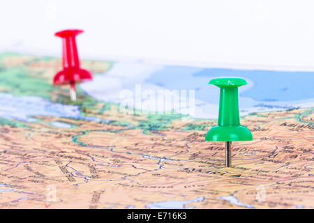 Red and green pushpins showing and pointing the location of destination point between Ankara and Istanbul Stock Photo