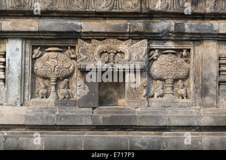 Yogyakarta, Java, Indonesia.  Prambanan.  Kinara and Kinari (Mythical Birds,  Human Heads) Guarding Kalpataru, Tree of Heaven. Stock Photo