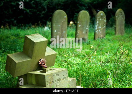 Abandoned cemetery Norfolk, one plastic artificial flower on grave stone England 2014 2010s UK HOMER SYKES Stock Photo