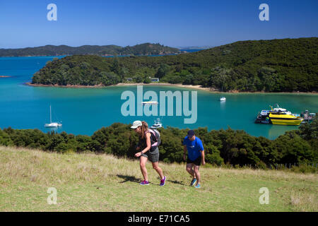 Hikers and view of Bay of Islands in the Northland Region, North Island, New Zealand. Stock Photo
