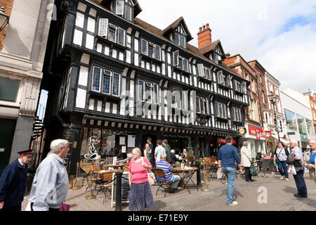 Stokes High Bridge Cafe, a medieval 15th century tudor black and white building; Lincoln city centre, Lincoln, Lincolnshire UK Stock Photo