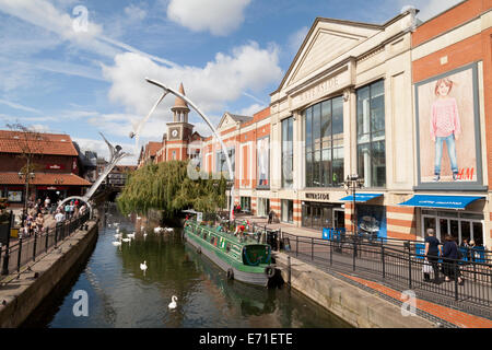 Lincoln city centre UK, the River Witham, Waterside and the Millenium Empowerment Statue; Lincolnshire UK Stock Photo