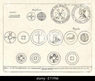 Coins, illustration from 'Indiae Orientalis' 1599 by Theodor de Bry. See description for further information. Stock Photo