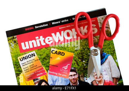 unite union members magazine with membership card cut in half Stock Photo