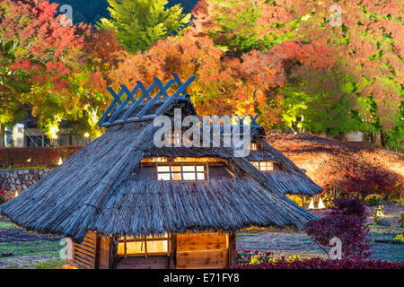 Kawaguchi-ko, Japan fall light up and village replica. Stock Photo