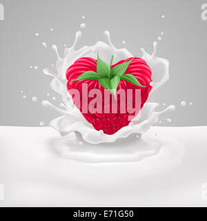 Raspberry heart with green leaves in milk splashes Stock Photo