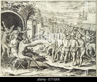 Portuguese arrive in Africa from 'Indiae Orientalis' 1599 by Theodor de Bry. See description for further information. Stock Photo