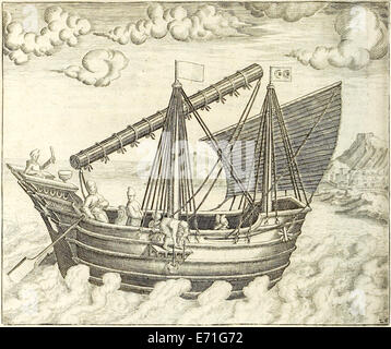 Illustration of Chinese ship from 'Indiae Orientalis' 1599 by Theodor de Bry. See description for further information. Stock Photo