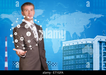 Business man hold cloud icons. Building as backdrop Stock Photo