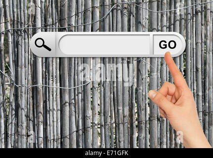 Human hand indicates the search bar in browser Stock Photo