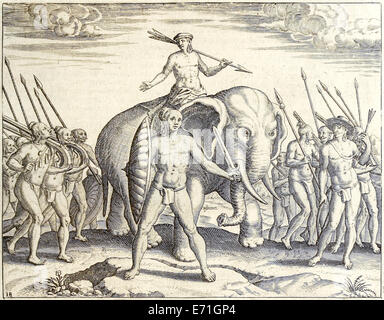 Ethiopia battle elephant, Illustration from 'Indiae Orientalis' 1599 by Theodor de Bry. See description for further information. Stock Photo