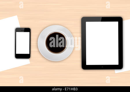 Top view of modern business workplace, digital tablet and smart phone with white blank empty screen, pen, cup of black coffee dr Stock Photo