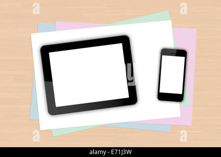 Digital tablet and smart phone with blank white screen on colorful note papers on wooden table. Stock Photo