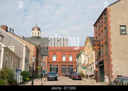 USA, Massachusetts, New Bedford. Historic Centre Street lines with buildings and the Whaling Museum in the distance. Stock Photo