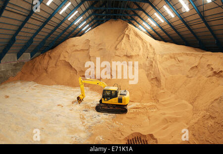 Excavator in a raw sugar factory storage building Stock Photo